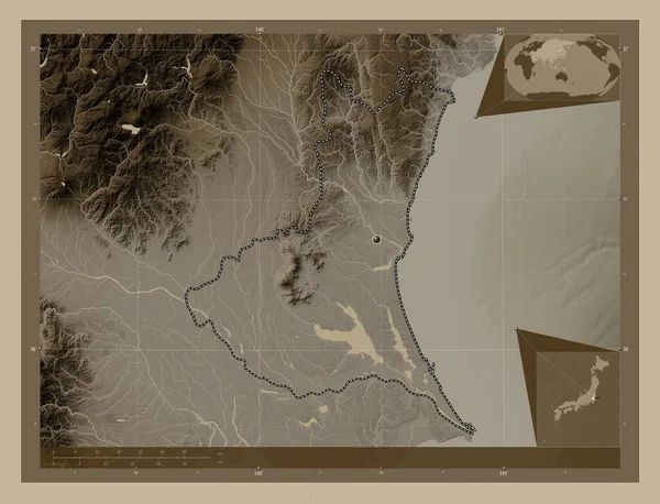 Ибараки Префектура Японии Карта Высоты Окрашенная Сепиевые Тона Озерами Реками — стоковое фото