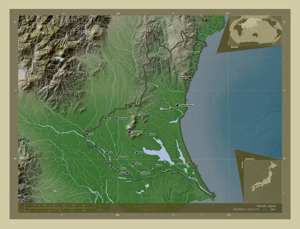 Ibaraki Prefektura Japonska Zdvihová Mapa Zbarvená Stylu Wiki Jezery Řekami — Stock fotografie