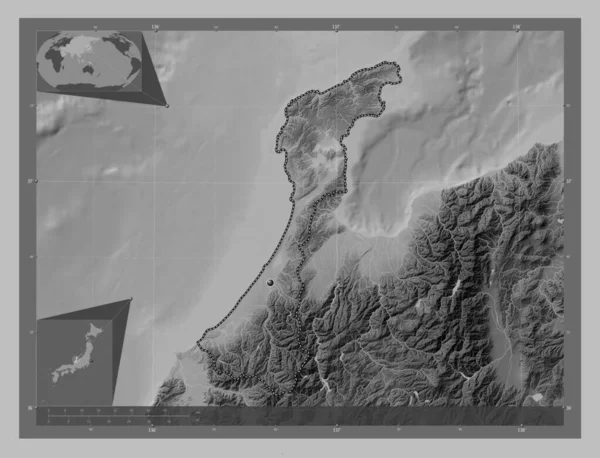 Ishikawa Prefecture Japan Grayscale Elevation Map Lakes Rivers Corner Auxiliary — Stock Photo, Image