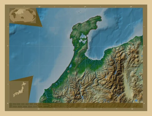 Ішікава Префектура Японії Кольорові Карти Висот Озерами Річками Кутові Допоміжні — стокове фото