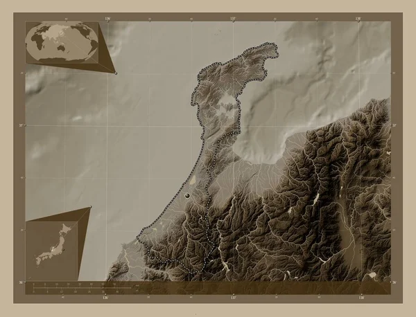 Ishikawa Prefektura Japonii Mapa Elewacji Kolorowe Sepia Dźwięki Jeziorami Rzekami — Zdjęcie stockowe