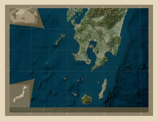 Каґосіма Префектура Японії Супутникова Карта Високої Роздільної Здатності Кутові Допоміжні — стокове фото