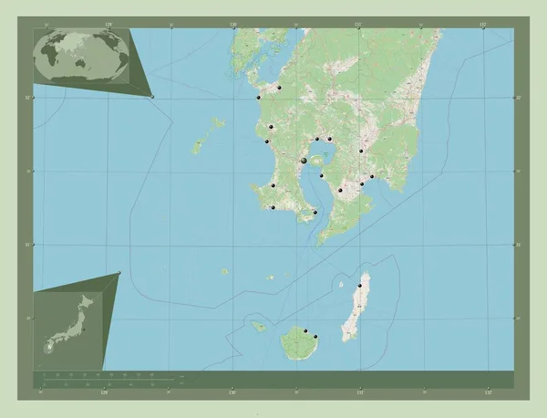 日本的鹿儿岛开放街道地图 该区域主要城市的所在地点 角辅助位置图 — 图库照片