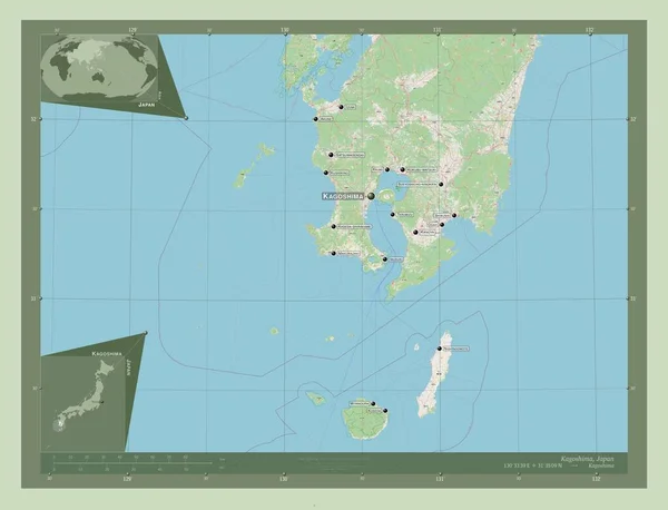 日本の鹿児島県 ストリートマップを開く 地域の主要都市の位置と名前 コーナー補助位置図 — ストック写真