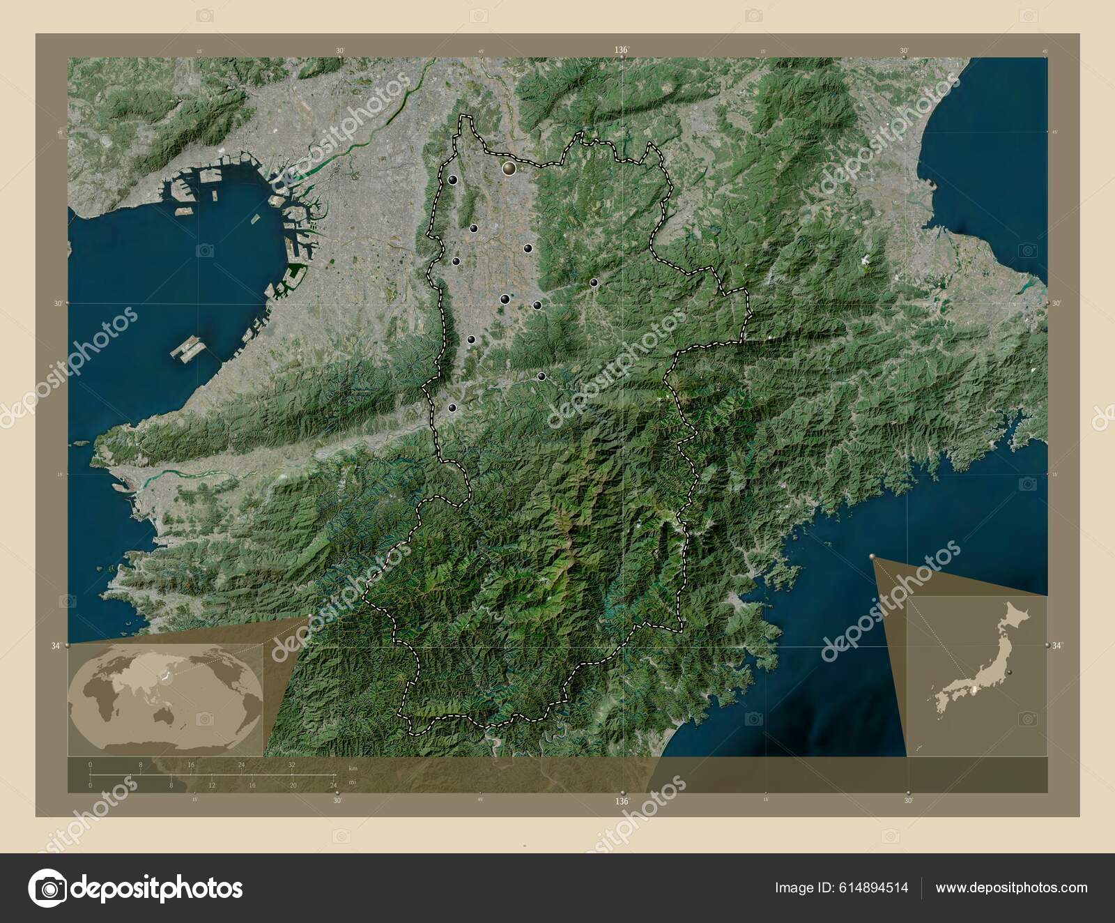 Нара Префектура Японии Спутниковая Карта Высокого Разрешения Места.