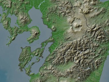 Kumamoto, Japonya ili. Yükseklik haritası göller ve nehirlerle wiki stilinde renklendirilmiştir