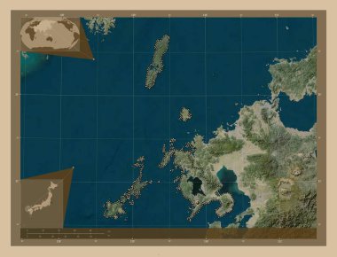 Nagasaki, Japonya ili. Düşük çözünürlüklü uydu. Köşedeki yedek konum haritaları