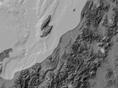 Niigata, Japonya vilayeti. Gölleri ve nehirleri olan çift seviyeli yükseklik haritası