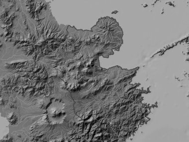 Oita, Japonya Belediyesi. Gölleri ve nehirleri olan çift seviyeli yükseklik haritası