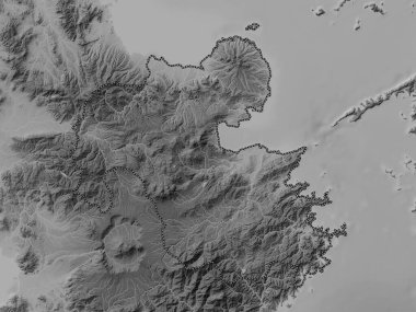 Oita, Japonya Belediyesi. Gölleri ve nehirleri olan gri tonlama yükseklik haritası