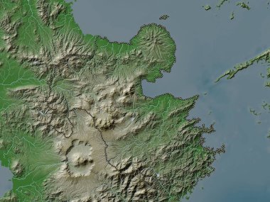 Oita, Japonya Belediyesi. Yükseklik haritası göller ve nehirlerle wiki stilinde renklendirilmiştir
