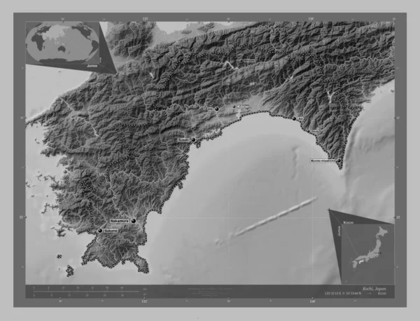 Kochi Prefettura Del Giappone Mappa Elevazione Scala Grigi Con Laghi — Foto Stock