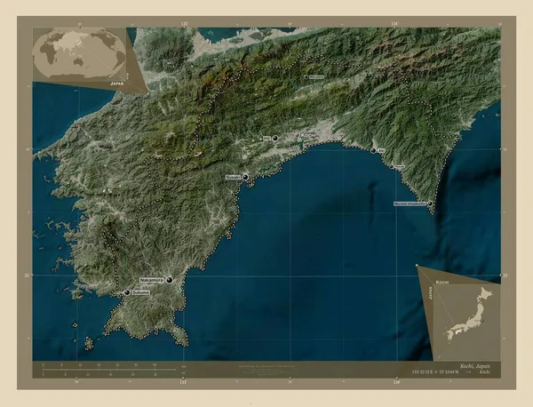 Kochi Prefektura Japonii Mapa Satelity Wysokiej Rozdzielczości Lokalizacje Nazwy Głównych — Zdjęcie stockowe