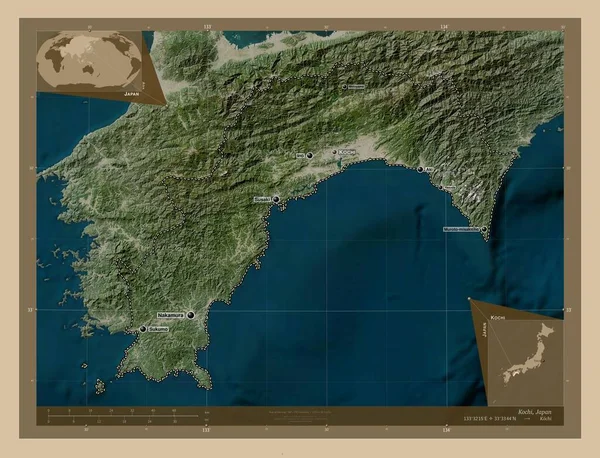 日本の高知県 低解像度衛星地図 地域の主要都市の位置と名前 コーナー補助位置図 — ストック写真