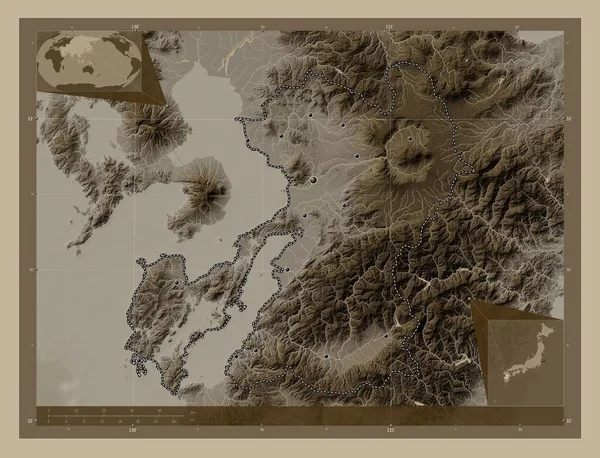 Kumamoto Prefektura Japonii Mapa Elewacji Kolorowe Sepia Dźwięki Jeziorami Rzekami — Zdjęcie stockowe