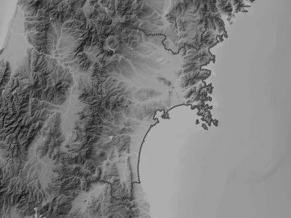 Miyagi Prefektura Japonii Mapa Wzniesień Skali Szarości Jeziorami Rzekami — Zdjęcie stockowe