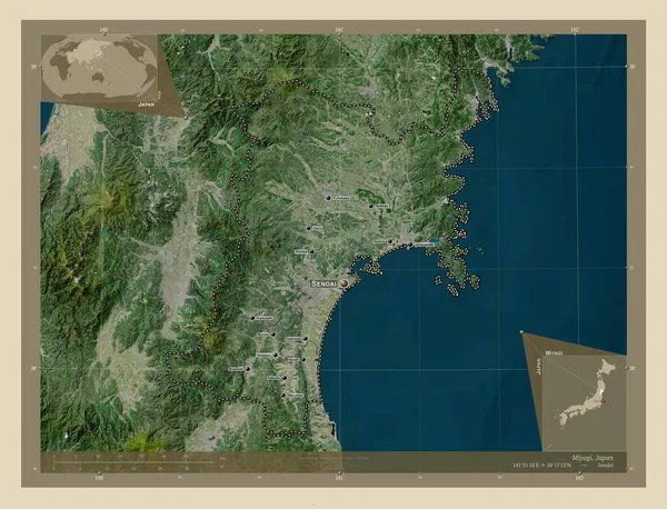 日本の宮城県 高解像度衛星地図 地域の主要都市の位置と名前 コーナー補助位置図 — ストック写真
