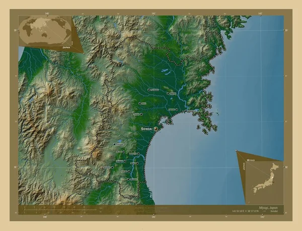 Miyagi Prefektura Japonii Kolorowa Mapa Wzniesień Jeziorami Rzekami Lokalizacje Nazwy — Zdjęcie stockowe