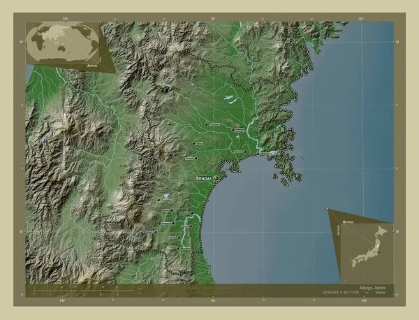 Miyagi Prefektura Japonii Mapa Wzniesień Kolorowa Stylu Wiki Jeziorami Rzekami — Zdjęcie stockowe