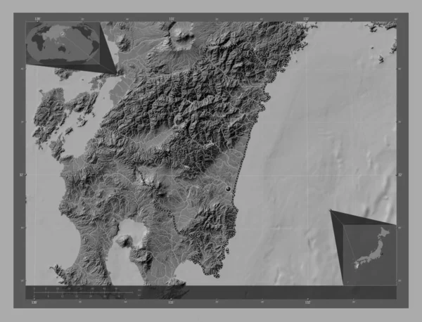 Miyazaki Prefectuur Van Japan Hoogteplattegrond Met Meren Rivieren Hulplocatiekaarten Hoek — Stockfoto