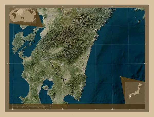 Міядзакі Префектура Японії Супутникова Карта Низькою Роздільною Здатністю Розташування Великих — стокове фото