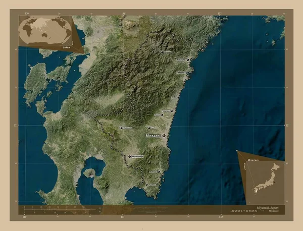 日本の宮崎県 低解像度衛星地図 地域の主要都市の位置と名前 コーナー補助位置図 — ストック写真