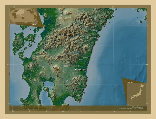 Миядзаки Префектура Японии Цветная Карта Высоты Озерами Реками Места Названия — стоковое фото