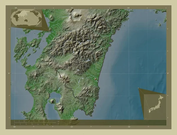 Miyazaki Prefektura Japonii Mapa Wzniesień Kolorowa Stylu Wiki Jeziorami Rzekami — Zdjęcie stockowe