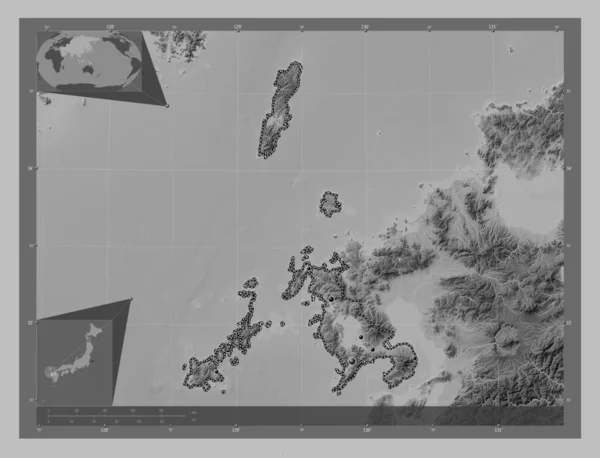 Nagasaki Prefecture Japan Grayscale Elevation Map Lakes Rivers Locations Major — Stock Photo, Image