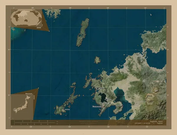 日本の長崎県 低解像度衛星地図 地域の主要都市の位置と名前 コーナー補助位置図 — ストック写真