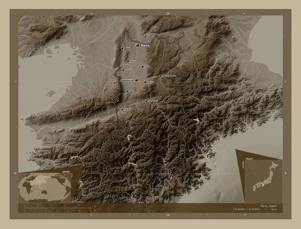 Nara Prefektura Japonii Mapa Elewacji Kolorowe Sepia Dźwięki Jeziorami Rzekami — Zdjęcie stockowe