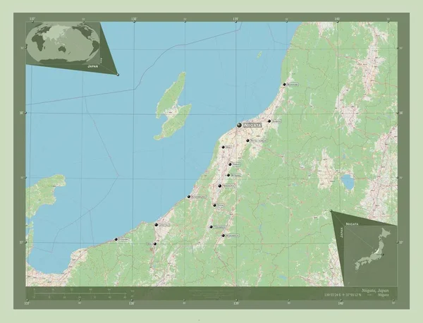 日本の新潟県 ストリートマップを開く 地域の主要都市の位置と名前 コーナー補助位置図 — ストック写真