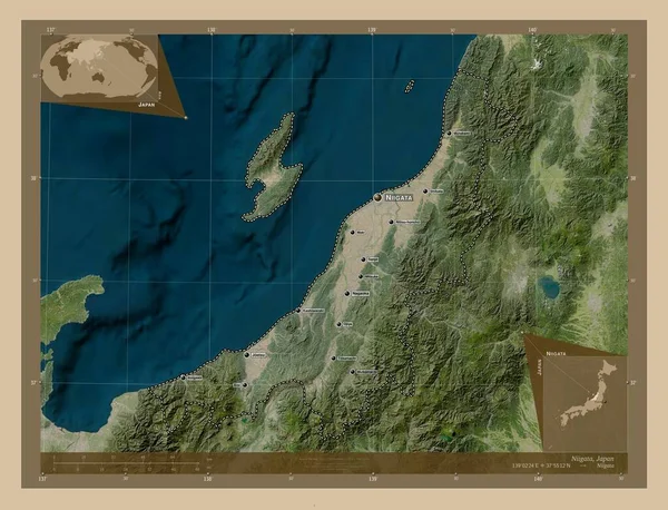 日本的Niigata县 低分辨率卫星地图 该区域主要城市的地点和名称 角辅助位置图 — 图库照片