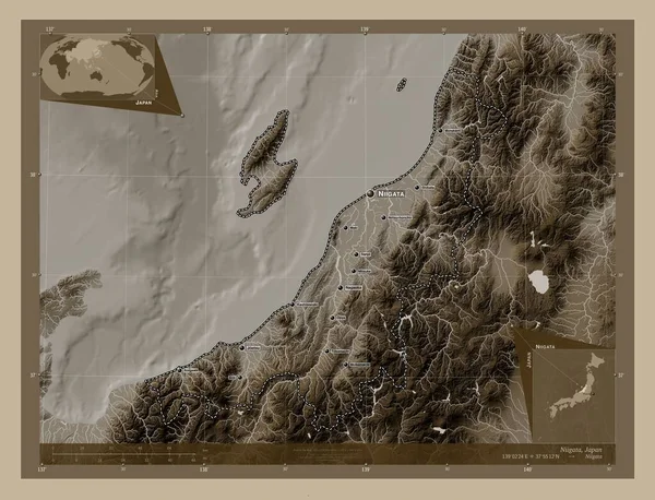 Niigata Prefectura Japón Mapa Elevación Coloreado Tonos Sepia Con Lagos —  Fotos de Stock