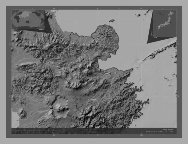 Oita Prefektura Japonska Mapa Nadmořské Výšky Jezery Řekami Umístění Názvy — Stock fotografie