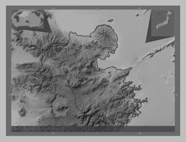 Oita 日本都道府县带有湖泊和河流的灰度高程图 角辅助位置图 — 图库照片