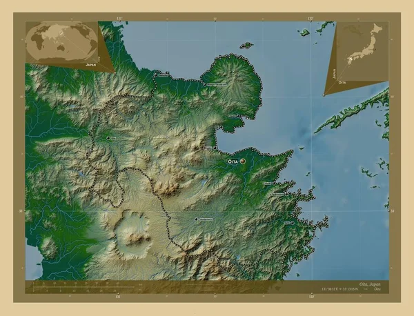 Oita Prefektura Japonii Kolorowa Mapa Wzniesień Jeziorami Rzekami Lokalizacje Nazwy — Zdjęcie stockowe