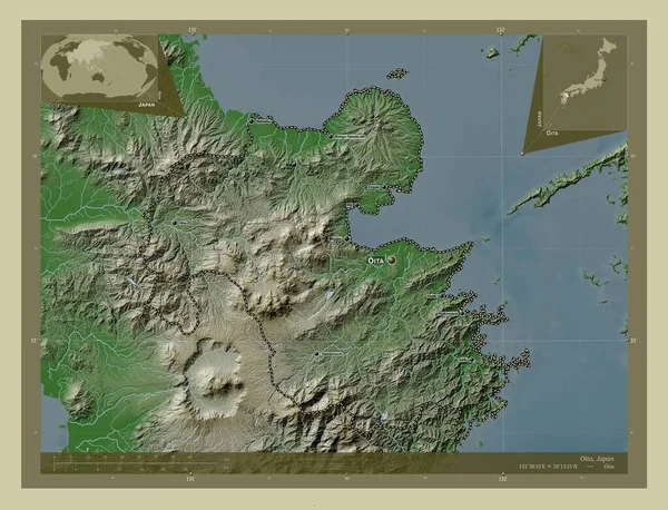 Oita Prefectura Japón Mapa Elevación Coloreado Estilo Wiki Con Lagos —  Fotos de Stock