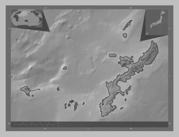 Okinawa Prefeitura Japão Mapa Elevação Escala Cinza Com Lagos Rios — Fotografia de Stock