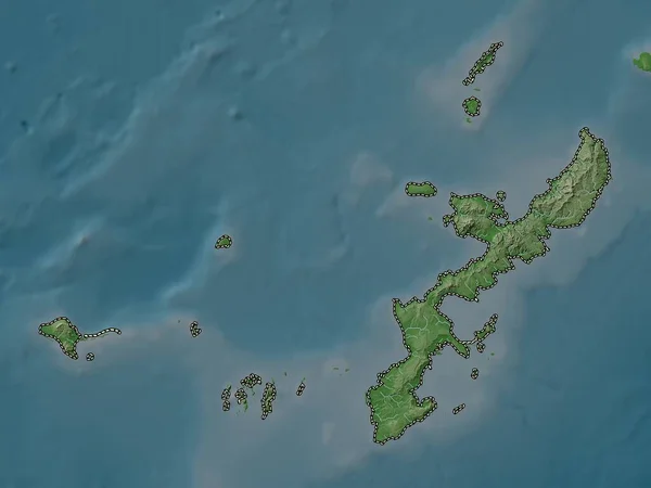 Okinawa Prefectura Japón Mapa Elevación Coloreado Estilo Wiki Con Lagos —  Fotos de Stock