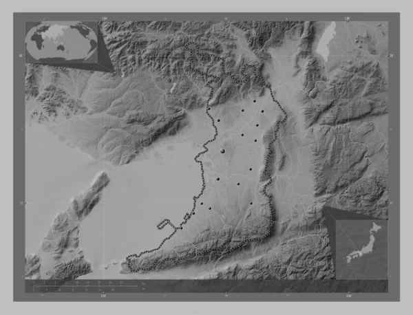 Osaka Urban Prefecture Japan Grayscale Elevation Map Lakes Rivers Locations — Stock Photo, Image