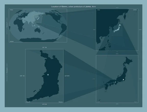 Ósaka Městská Prefektura Japonska Diagram Znázorňující Umístění Oblasti Větších Mapách — Stock fotografie