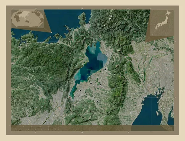 日本の滋賀県 高解像度衛星地図 地域の主要都市の場所 コーナー補助位置図 — ストック写真