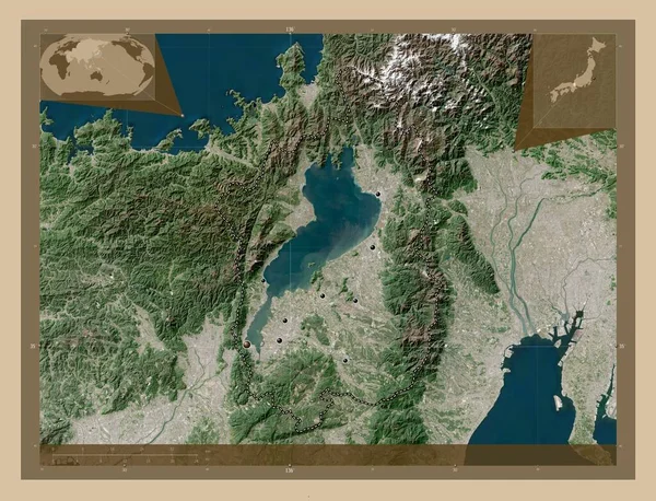 日本の滋賀県 低解像度衛星地図 地域の主要都市の場所 コーナー補助位置図 — ストック写真