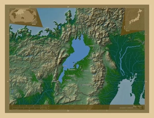 Shiga Prefectura Japón Mapa Elevación Colores Con Lagos Ríos Ubicaciones —  Fotos de Stock