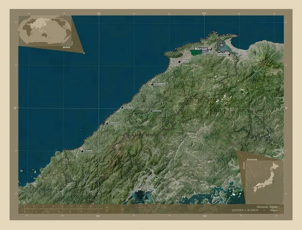 日本の島根県 高解像度衛星地図 地域の主要都市の位置と名前 コーナー補助位置図 — ストック写真