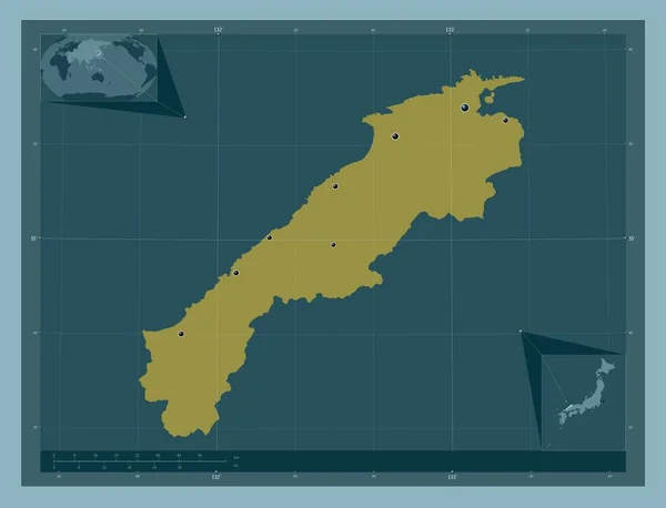 日本岛南县 固体的颜色形状 该区域主要城市的所在地点 角辅助位置图 — 图库照片