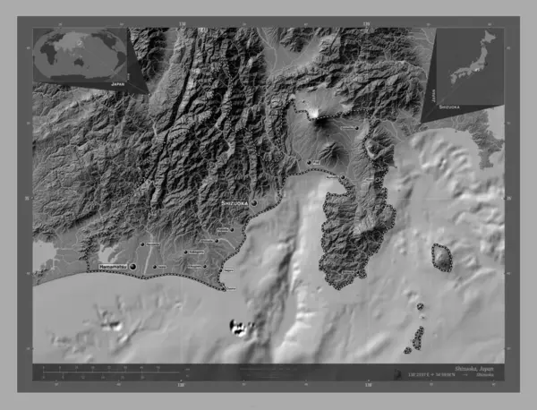 Shizuoka Prefeitura Japão Bilevel Mapa Elevação Com Lagos Rios Locais — Fotografia de Stock