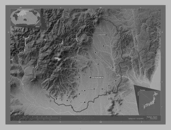 日本の栃木県 湖や川とグレースケールの標高マップ 地域の主要都市の位置と名前 コーナー補助位置図 — ストック写真