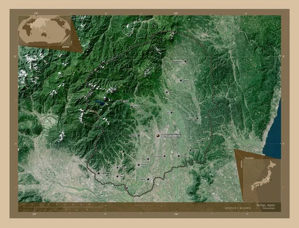 日本の栃木県 低解像度衛星地図 地域の主要都市の位置と名前 コーナー補助位置図 — ストック写真